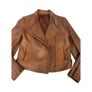 THEORY Lambskin Cognac Leather  Zip Moto Jacket Butter Soft EUC